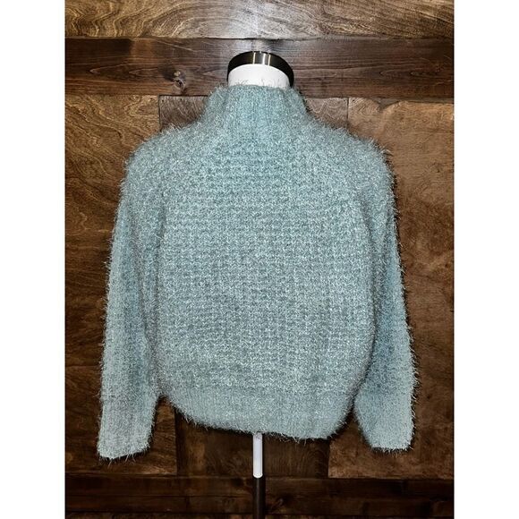 Blue Fuzzy Knit Turtleneck Sweater Cozy Pullover Long Sleeve - Picture 3 of 7
